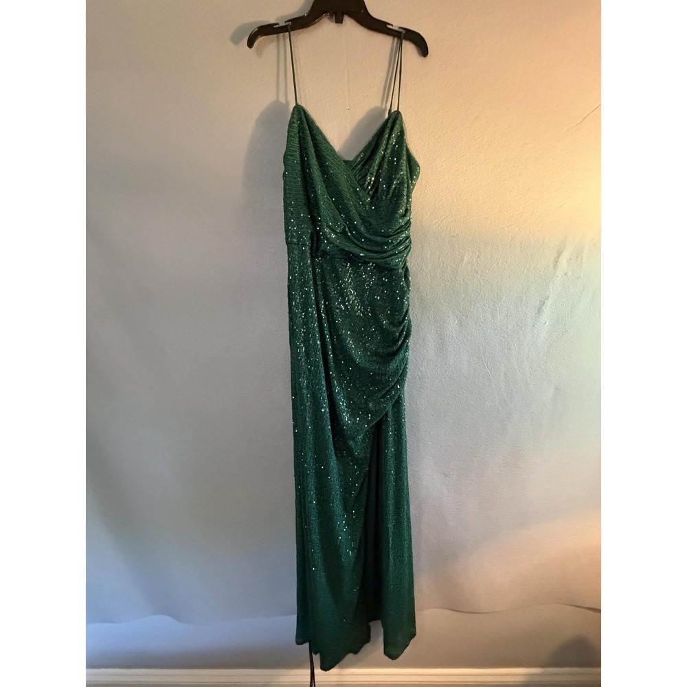 Jules & Cleo Dress‎ Womens 16 Green Sequin Cowl Neck Ruched Maxi Formal Gown
